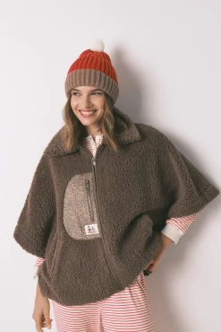 Mujer Women'secret Batas>Bata corta poncho borreguito marrón Snoopy