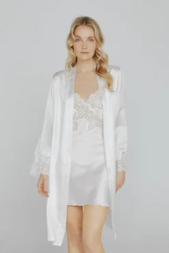 Mujer Ivette Bridal Pijamas|Pijamas>Bata de mujer corta satinada en blanco