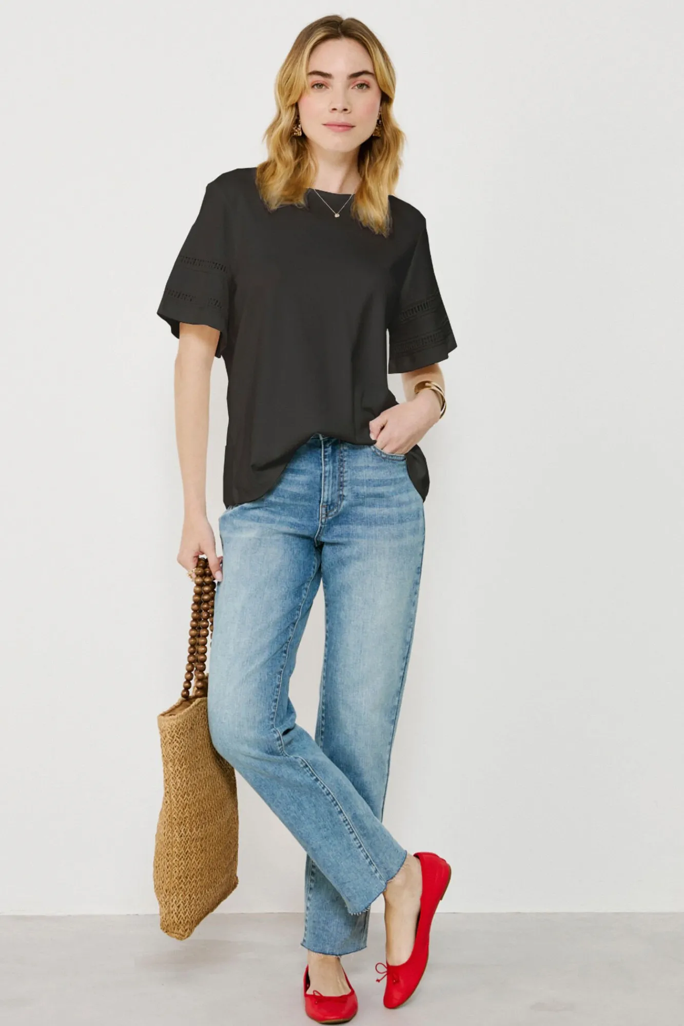 Mujer Vila Camisetas>Camiseta algodón orgánico con calados