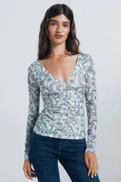 Mujer Springfield Camisetas>Camiseta gasa escote frunces estampada