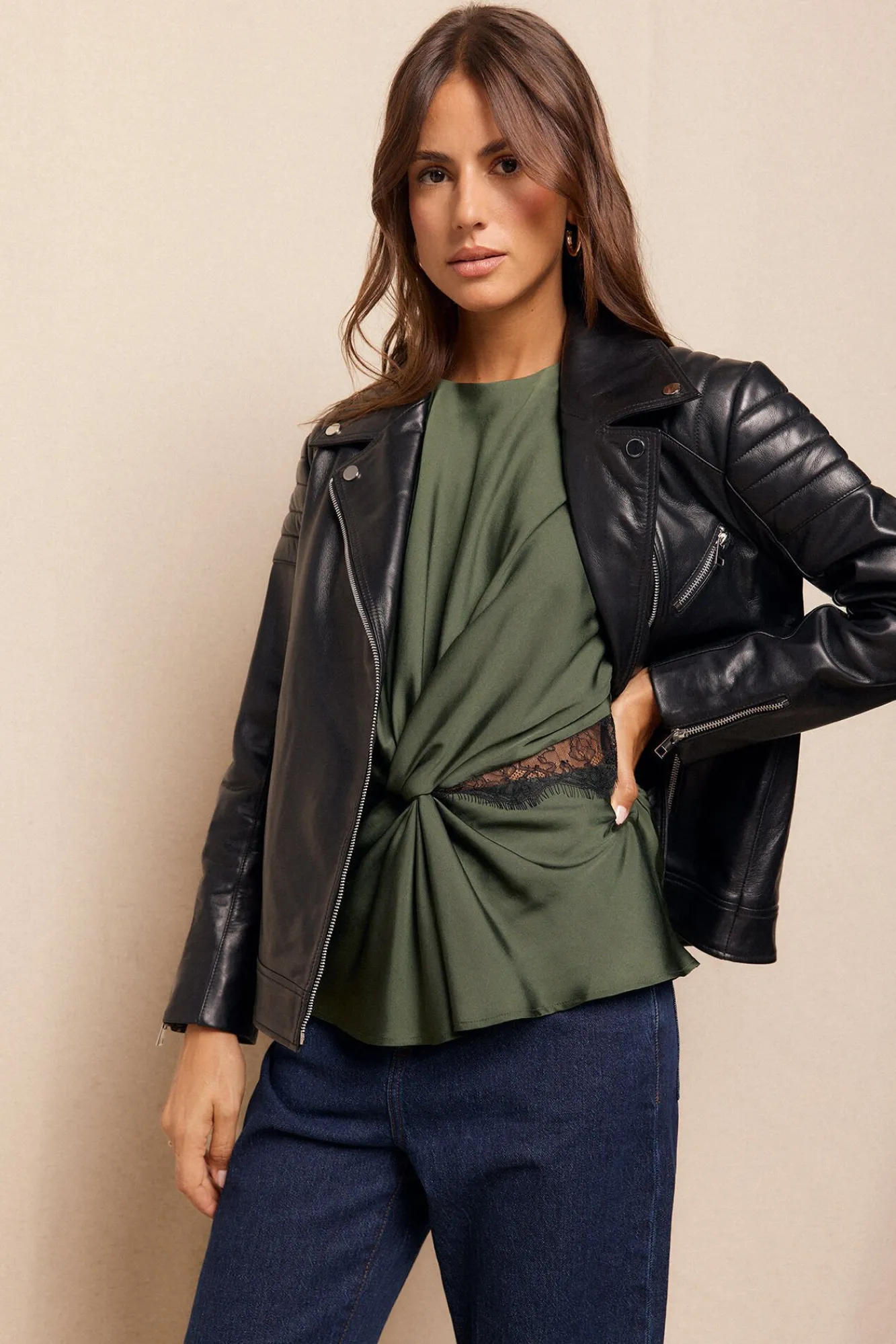 Mujer Slowlove Chaquetas>Cazadora biker de napa con acolchado en hombros