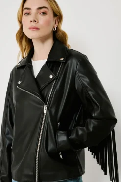 Mujer Vila Chaquetas>Cazadora biker de polipiel con flecos