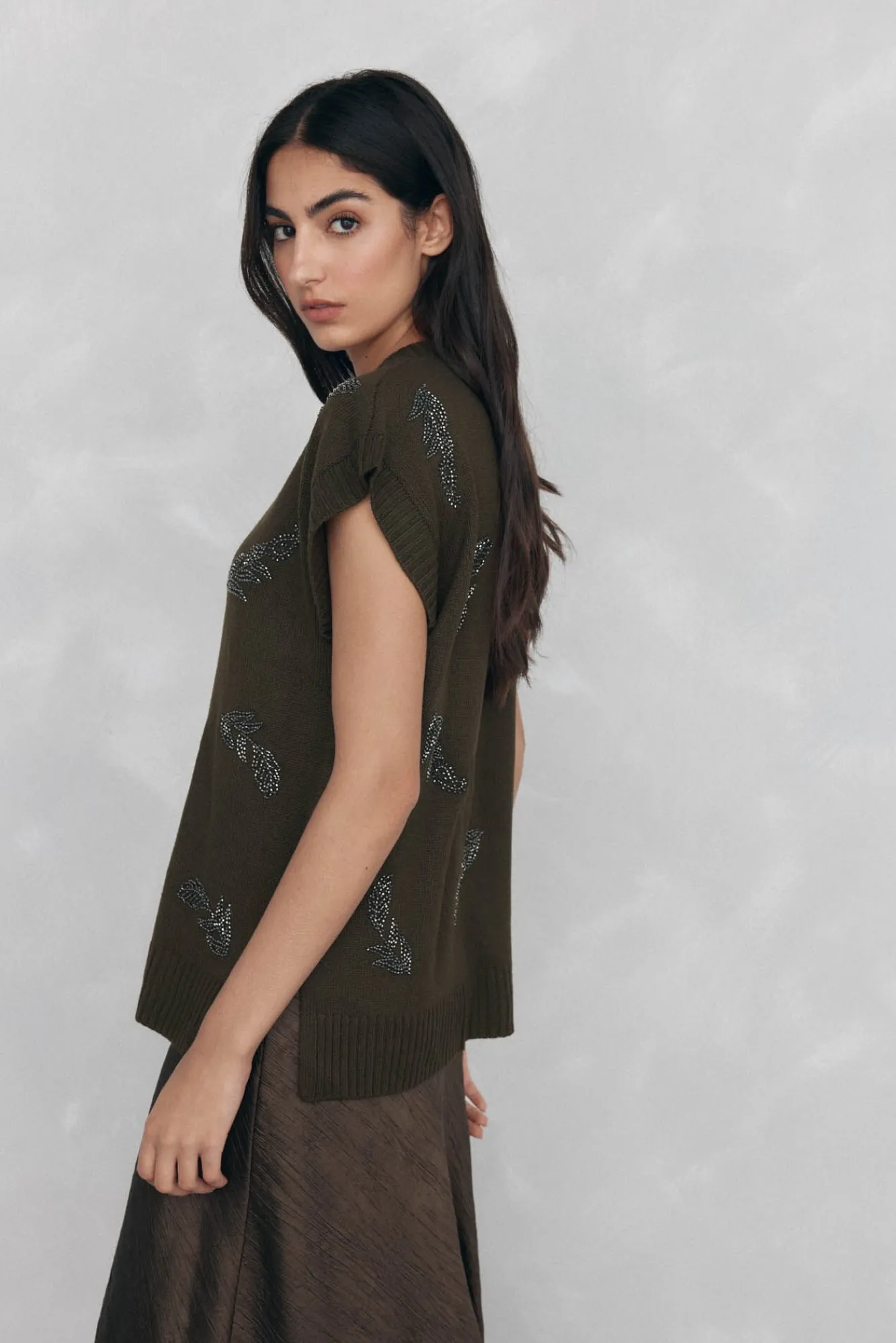 Mujer Pedro del Hierro Jerséis>Chaleco de punto pico con pedrería bordada