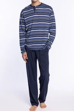 Hombre Punto Blanco Pijamas>Conjunto de pijama largo modal/algodón con cuello tapeta Elegance