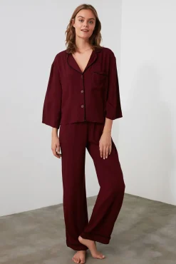 Mujer Trendyol Pijamas|Pijamas>Conjunto pijama camisero viscosa ribetes