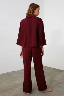 Mujer Trendyol Pijamas|Pijamas>Conjunto pijama camisero viscosa ribetes