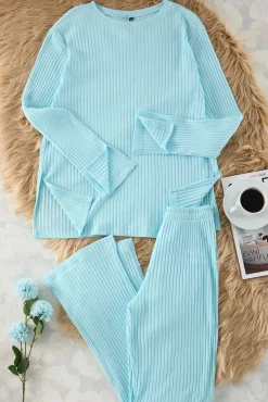 Mujer Trendyol Pijamas|Pijamas>Conjunto pijama canalé aberturas turquesa