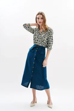 Mujer Caroll Faldas>Falda larga botones 100% lino