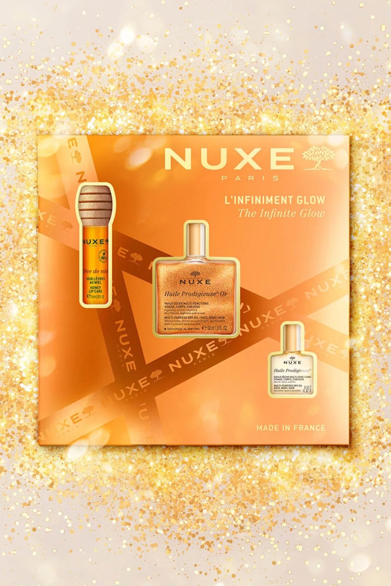 Nuxe Cofres Y Estuches Para Regalo>COFRE REGALO GLOW INFINITO - HUILE PROD OR + REVE THE MIEL LABIAL + HUILE CLASSIC