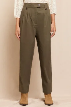 Mujer Slowlove Pantalones>Pantalón de sarga con pinzas trabillas para el cinturón bolsillos funcionales laterales pernera ancha cierre mediante cremallera oculta y botón