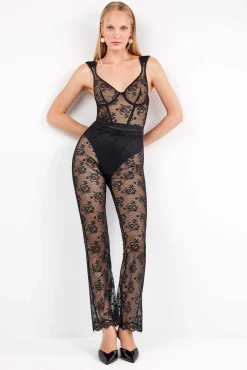 Mujer Gisela Pantalones>Pantalón largo elástico de encaje floral transparente y delicado