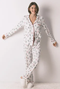 Mujer Women'secret Pijamas|Pijamas>Pijama camisero largo estampado navidad blanco