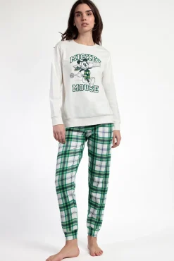 Mujer Admas Pijamas|Pijamas>Pijama largo felpa cuadros 100% algodón Ski Mickey