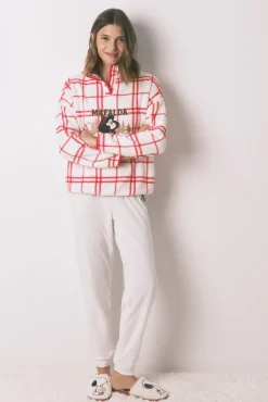 Mujer Women'secret Pijamas|Pijamas>Pijama largo polar cuadros blanco Mafalda