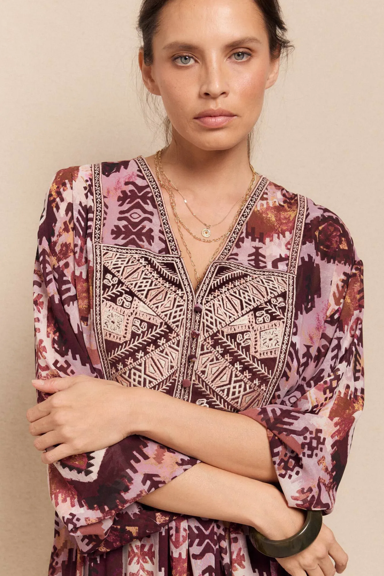 Mujer Slowlove Vestidos>Vestido fluido estampado bordado