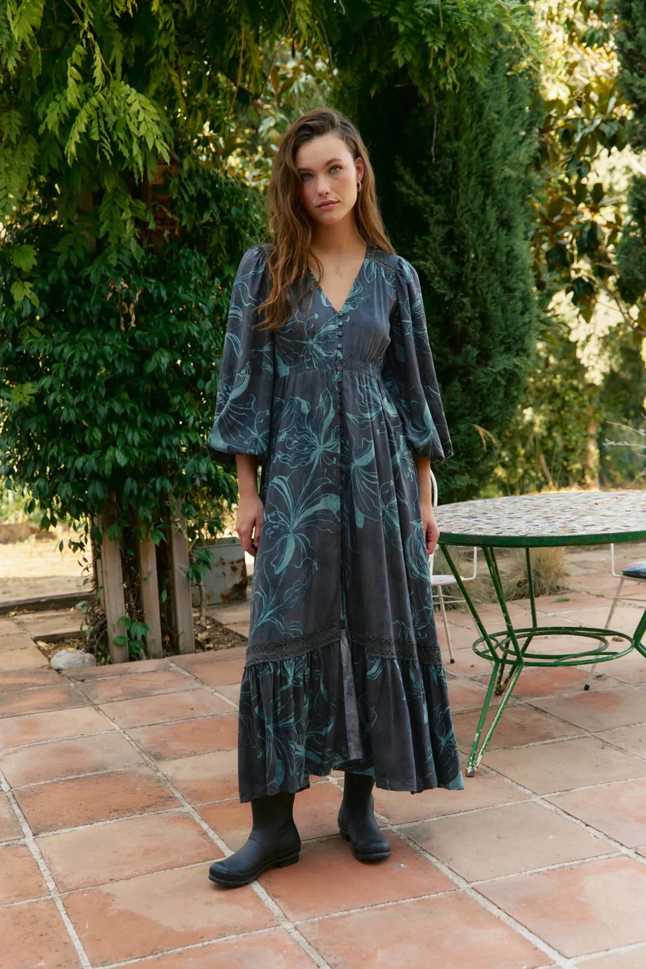 Mujer Jaase Vestidos>Vestido largo Carmen manga larga estampado midnight lilly